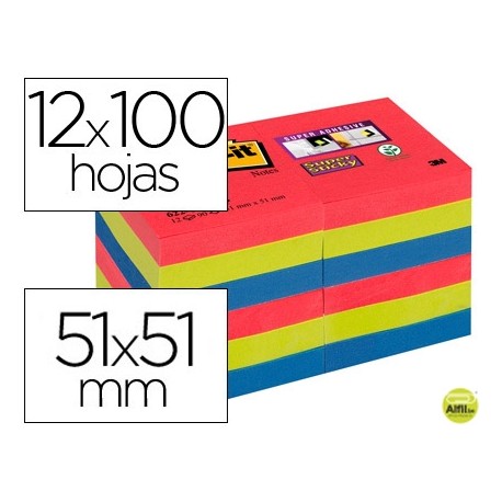 BLOC DE NOTAS ADHESIVAS QUITA Y PON POST-IT SUPER STICKY 51X51 MM PACK DE 12 BLOC COLORES JOYA POP S