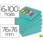 BLOC DE NOTAS ADHESIVAS QUITA Y PON POST-IT SUPER STICK 76X76 MM PACK DE 6 BLOC COLOR AGUA MARINA