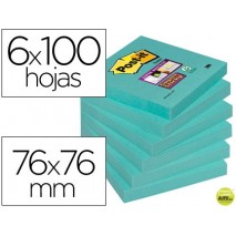 BLOC DE NOTAS ADHESIVAS QUITA Y PON POST-IT SUPER STICK 76X76 MM PACK DE 6 BLOC COLOR AGUA MARINA