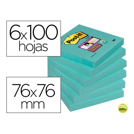 BLOC DE NOTAS ADHESIVAS QUITA Y PON POST-IT SUPER STICK 76X76 MM PACK DE 6 BLOC COLOR AGUA MARINA