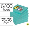 BLOC DE NOTAS ADHESIVAS QUITA Y PON POST-IT SUPER STICK 76X76 MM PACK DE 6 BLOC COLOR AGUA MARINA
