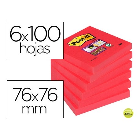 BLOC DE NOTAS ADHESIVAS QUITA Y PON POST-IT SUPER STICK 76X76 MM PACK DE 6 BLOC COLOR ROJO AMAPOLA