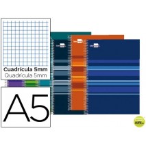 BLOC ESPIRAL LIDERPAPEL A5 MICRO CLASSIC TAPA FORRADA 160H 60G CUADRO 5 MM 5 BANDAS6 TALADROS COLOR