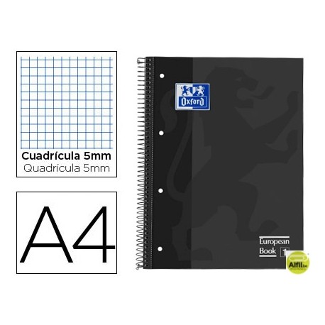 BLOC ESPIRAL OXFORD EUROPEAN BOOK TAPA EXTRADURA DIN A4 80 HOJAS CUADRICULA 5 MM COLOR GRIS
