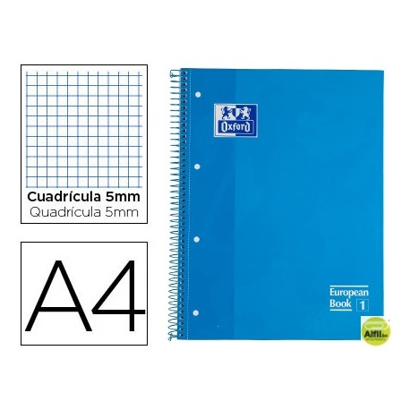 BLOC ESPIRAL OXFORD EUROPEAN BOOK TAPA EXTRADURA DIN A4 80 HOJAS CUADRICULA 5 MM COLOR TURQUESA