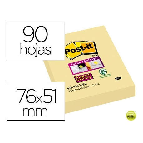 BLOC DE NOTAS ADHESIVAS QUITA Y PON POST-IT SUPER STICKY 51X76 MM CON 90 HOJAS 565 AMARILLO CANARIO
