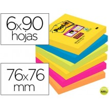 BLOC DE NOTAS ADHESIVAS QUITA Y PON POST-IT SUPER STICKY 76X76 MM CON 90 HOJAS PACK DE 6 BLOC COLORE