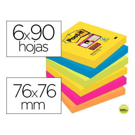 BLOC DE NOTAS ADHESIVAS QUITA Y PON POST-IT SUPER STICKY 76X76 MM CON 90 HOJAS PACK DE 6 BLOC COLORE