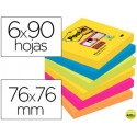 BLOC DE NOTAS ADHESIVAS QUITA Y PON POST-IT SUPER STICKY 76X76 MM CON 90 HOJAS PACK DE 6 BLOC COLORE