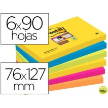 BLOC DE NOTAS ADHESIVAS QUITA Y PON POST-IT SUPER STICKY 76X127 MM CON 90 HOJAS PACK DE 6 BLOC COLOR