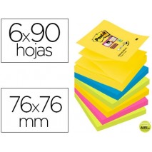 BLOC DE NOTAS ADHESIVAS QUITA Y PON POST-IT SUPER STICKY 76X76 MM CON 90 HOJAS PACK DE 6 BLOC COLORE