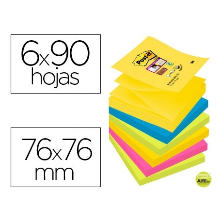 BLOC DE NOTAS ADHESIVAS QUITA Y PON POST-IT SUPER STICKY 76X76 MM CON 90 HOJAS PACK DE 6 BLOC COLORE