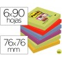 BLOC DE NOTAS ADHESIVAS QUITA Y PON POST-IT SUPER STICKY 76X76 MM CON 90 HOJAS PACK DE 6 BLOC COLORE