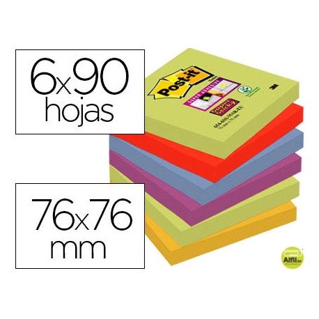 BLOC DE NOTAS ADHESIVAS QUITA Y PON POST-IT SUPER STICKY 76X76 MM CON 90 HOJAS PACK DE 6 BLOC COLORE