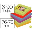 BLOC DE NOTAS ADHESIVAS QUITA Y PON POST-IT SUPER STICKY 76X76 MM CON 90 HOJAS PACK DE 6 BLOC COLORE