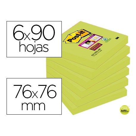 BLOC DE NOTAS ADHESIVAS QUITA Y PON POST-IT SUPER STICKY 76X76 MM CON 90 HOJAS 654 VERDE ESPARRAGO