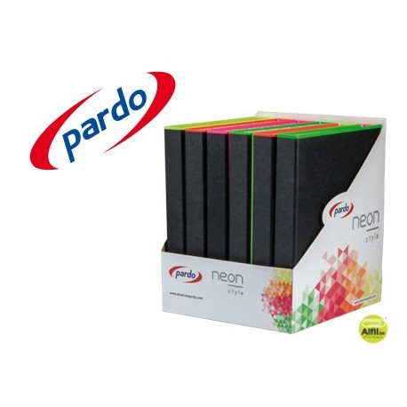 CARPETA PARDO 4 ANILLAS 25MM CARTON FORRADO DIN A4 CON BORDE EN NEON COLORES SURTIDOS EXPOSITOR DE 1