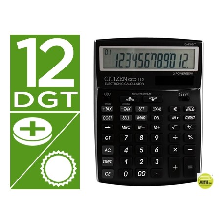 CALCULADORA CITIZEN SOBREMESA CCC-112 B 12 DIGITOS NEGRA 202X155X33 MM