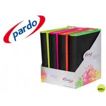 CARPETA PARDO 4 ANILLAS 40MM CARTON FORRADO DIN A4 LOMO RECTO CON BORDE NEON COLORES SURTIDOS EXPOSI