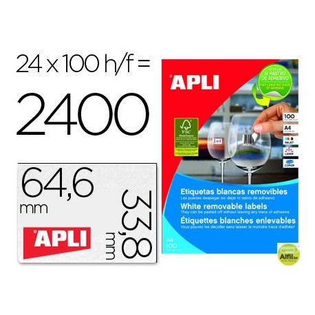 ETIQUETA ADHESIVAS APLI 3056 TAMAÑO 64,6 X 33,8 MM PARA FOTOCOPIADORA LASER INK-JET CAJA CON 100 HOJ