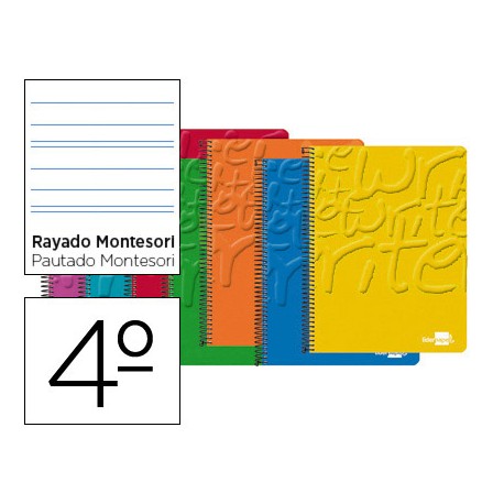 BLOC ESPIRAL LIDERPAPEL CUARTO WRITE TAPA CARTONCILLO 80H 60G RAYADO MONTESSORI COLORES SURTIDOS