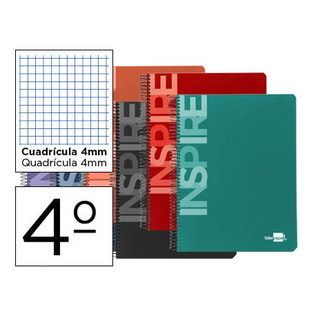 BLOC ESPIRAL LIDERPAPEL CUARTOINSPIRE TAPA EXTRADURA 80H 60 G CUADRO 4MM CON MARGEN. COLORES SURTIDO