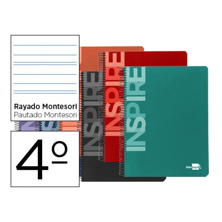 BLOC ESPIRAL LIDERPAPEL CUARTOINSPIRE TAPA EXTRADURA 80 H 60G RAYADO MONTESSORI CON MARGENCOLORES SU