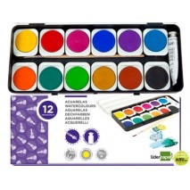 ACUARELA LIDERPAPEL 12 COLORES CON PINCEL Y TUBO DE TEMPERA BLANCA ESTUCHE DE PLASTICO