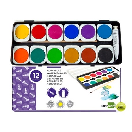 ACUARELA LIDERPAPEL 12 COLORES CON PINCEL Y TUBO DE TEMPERA BLANCA ESTUCHE DE PLASTICO