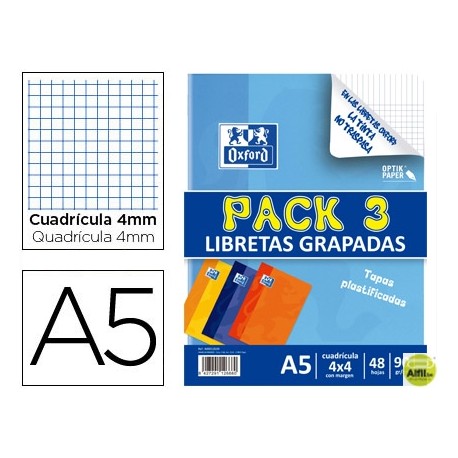 LIBRETA ESCOLAR OXFORD TAPA FLEXIBLES OPTIK PAPER 48 HOJAS DIN A5 CUADROS 4 MM PACK DE 3