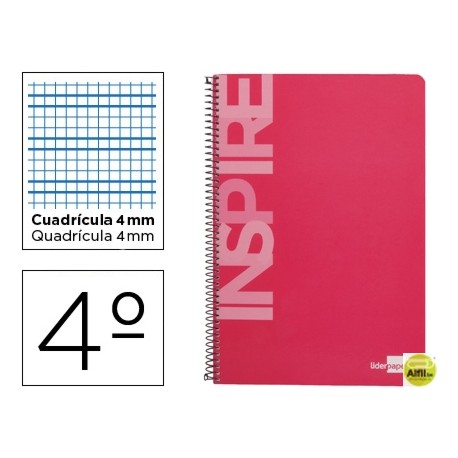 BLOC ESPIRAL LIDERPAPEL CUARTO INSPIRE TAPA EXTRADURA 80H 60 GR CUADRO 4 MM CON MARGEN COLOR ROSA