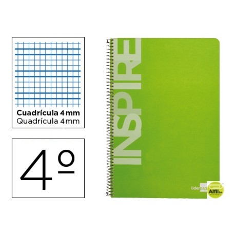 BLOC ESPIRAL LIDERPAPEL CUARTO INSPIRE TAPA EXTRADURA 80H 60 GR CUADRO 4 MM CON MARGEN COLOR VERDE C
