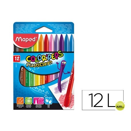 LAPICES DE CERA MAPED PLASTICLEAN CAJA DE 12 COLORES SURTIDOS