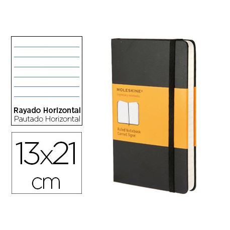 LIBRETA MOLESKINE TAPA DURA RAYADO HORIZONTAL 240 HOJAS COLOR NEGRO CIERRE CON GOMA 130X210 MM