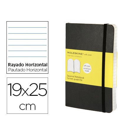 LIBRETA MOLESKINE TAPA BLANDA RAYADO HORIZONTAL 192 HOJAS COLOR NEGRO CIERRE CON GOMA 190X250 MM