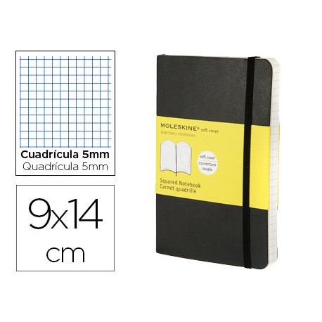 LIBRETA MOLESKINE TAPA BLANDA CUADRO 5 MM 192 HOJAS COLOR NEGRO CIERRE CON GOMA 90X140 MM