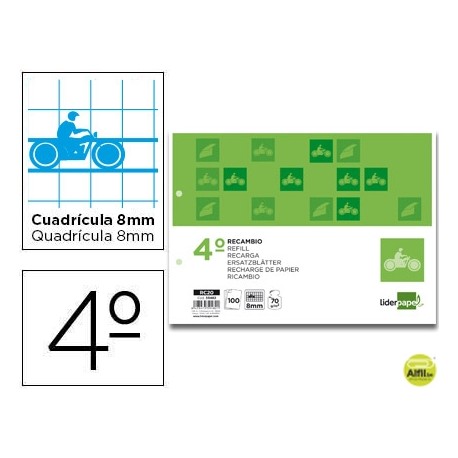 RECAMBIO LIDERPAPEL CUARTO 100 HOJAS 70G/M2 CUADRO PAUTADO 8 MM CON MARGEN 2 TALADROS APAISADO