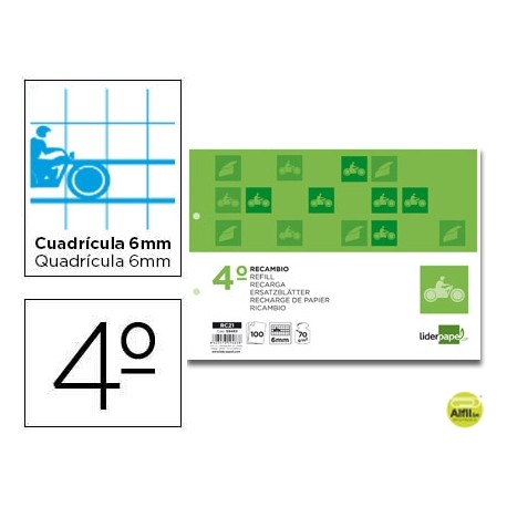 RECAMBIO LIDERPAPEL CUARTO 100 HOJAS 70G/M2 CUADRO PAUTADO 6 MM CON MARGEN 2 TALADROS APAISADO