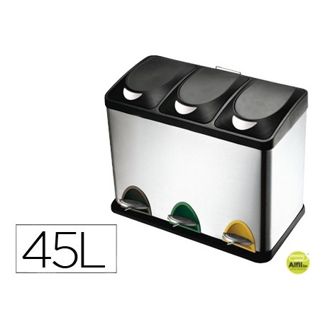 PAPELERA CONTENEDOR Q-CONNECT METALICA CON TAPADERA DE PLASTICO Y PEDAL 3 DEPOSITOS 45L 605X340X485