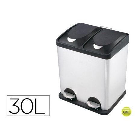 PAPELERA CONTENEDOR Q-CONNECT METALICA CON TAPADERA DE PLASTICO Y PEDAL 2 DEPOSITOS 30L 410X340X485