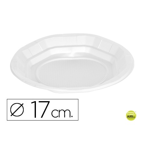 PLATO DE PLASTICO BLANCO LLANO 17CM DE DIAMETRO PAQUETE DE 50