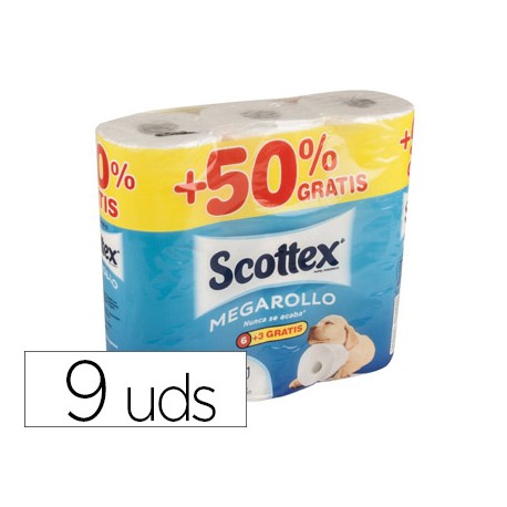 PAPEL HIGIENICO SCOTTEX MEGARROLLO DOBLE LARGO PACK DE 6+3 ROLLOS