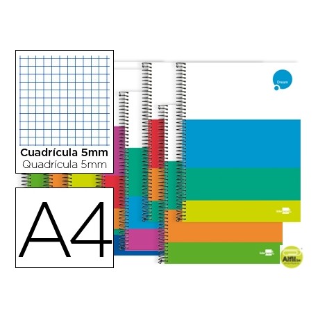 BLOC ESPIRAL LIDERPAPEL A4 DREAM TAPA EXTRADURA 140 H 80G CUADRO 5 MM 5 BANDAS 4 TALADROS MICRO COLO