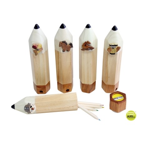 PORTATODO DE MADERA EN FORMA DE LAPIZ SACAPUNTAS MINILAPICES ANIMALES DE MADERA