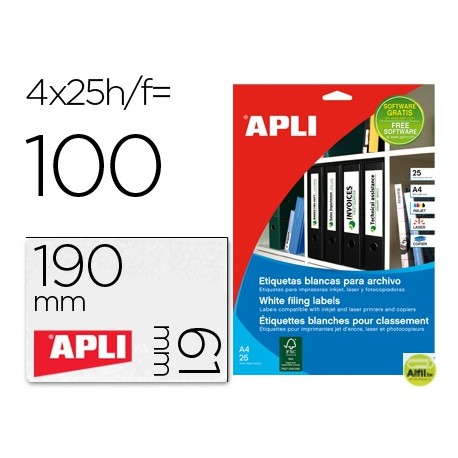 ETIQUETA ADHESIVA APLI 1233 TAMAÑO 190X61 MM PARA FOTOCOPIADORA LASER INK-JET CAJA 25 HOJAS CON 100