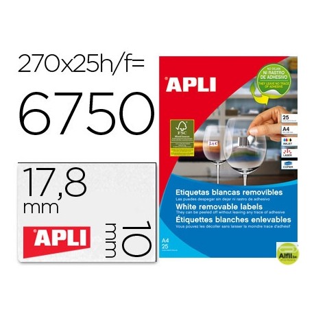 ETIQUETA ADHESIVAS APLI 10197 TAMAÑO 17,8X10 MM REMOVIBLE PARA FOTOCOPIADORA LASER INK-JET CAJA 25 H
