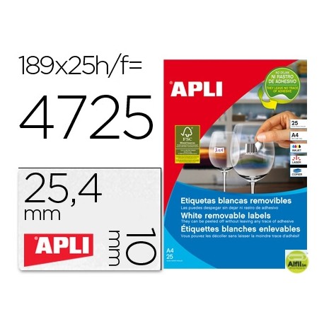 ETIQUETA ADHESIVAS APLI 10198 TAMAÑO 25,4X10 MM REMOVIBLE PARA FOTOCOPIADORA LASER INK-JET CAJA 25 H