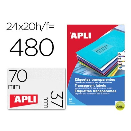 ETIQUETA ADHESIVA APLI 1224 TRANSPARENTES TAMAÑO 70X37 MM PARA FOTOCOPIADORA LASER CAJA 20 HOJAS CON
