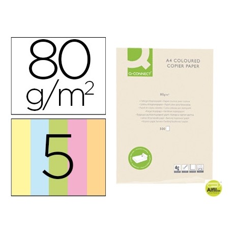 PAPEL COLOR Q-CONNECT DIN-A4 80 GRAMOS 5 COLORES SURTIDOS PAQUETE DE 500 HOJAS