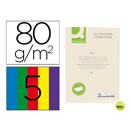 PAPEL COLOR Q-CONNECT DIN-A4 80 GRAMOS 5 COLORES SURTIDOS PAQUETE DE 500 HOJAS